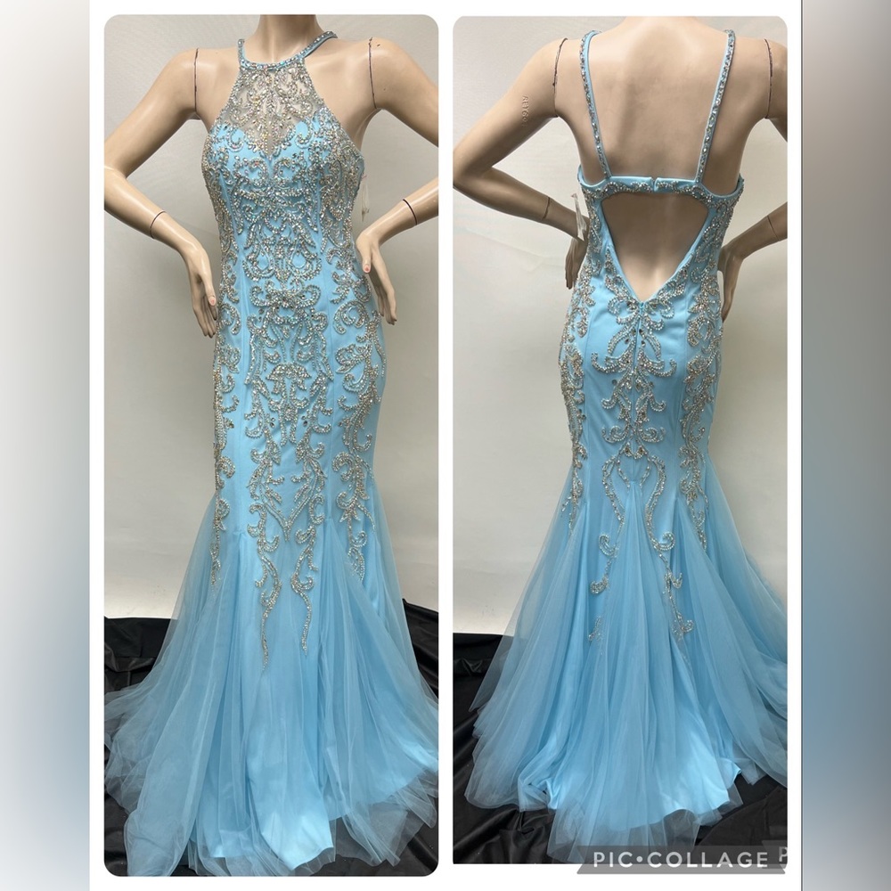 Montage by MON Cheri mermaid mock neck embroidered low back long gown